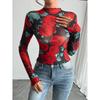 Women's Rose Print Sheer Mesh Bodysuit Mock Neck Long Sleeve See Through Bodysuits