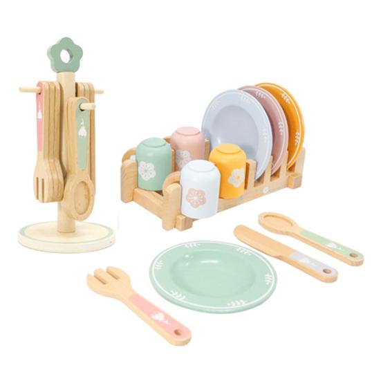 

Деревянный кухонный игрушечный набор для детей, деревянная столовая посуда, игровой набор с тарелками, чашками, столовыми приборами и держателями, имитация игрового домика, ролевая игрушка для кухни, подарок