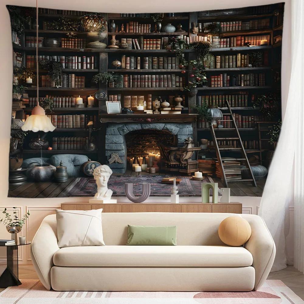 Vintage Library Tapestry Mural Old Books Bookshelf Attic Candles Gothic Home Decor Dormitory Living Room Bedroom Wall Hanging