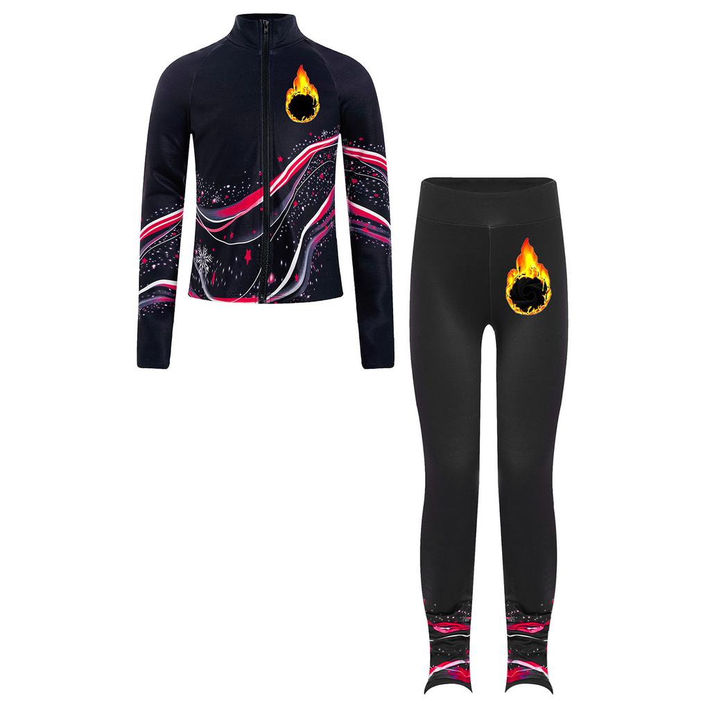 Girls Figure Skating Costume Stand Collar Long Sleeve Printed Jacket with Leggings for Dance