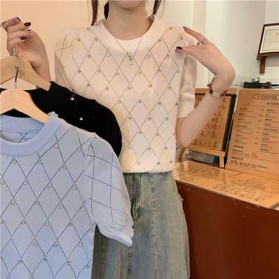Women Diamond Grid Rhinestone Knit T-shirt Crew Neck Short Sleeve Fitted Casual Sweater