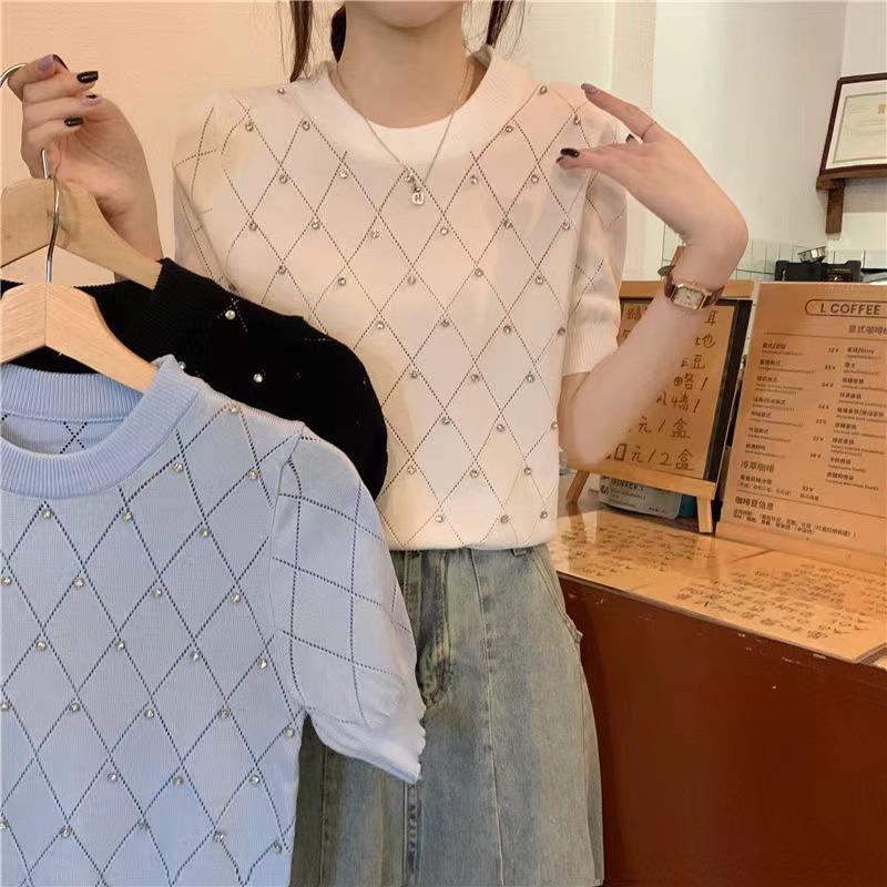 Women Diamond Grid Rhinestone Knit T-shirt Crew Neck Short Sleeve Fitted Casual Sweater