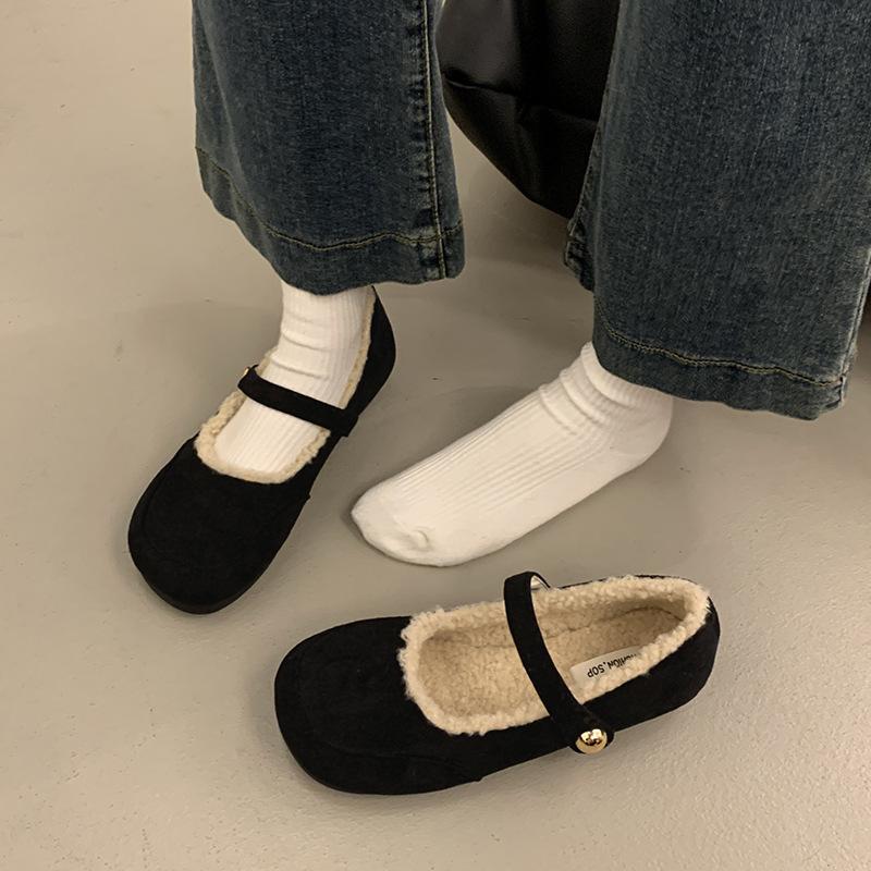 

Velvet beanie shoes women s autumn and winter retro word with flat bottom one pedal Mary Jane shoes warm beanie shoes 35 чёрный