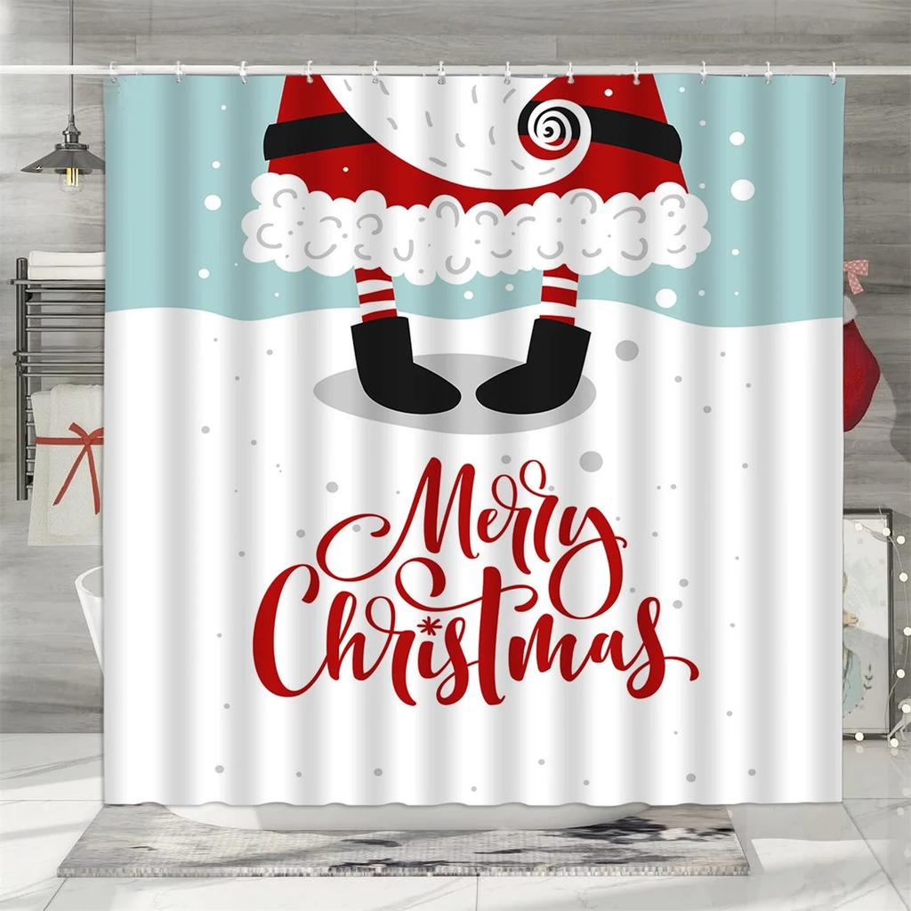 unframed Christmas Shower Curtain, Winter Snowman Father Christmas Farmhouse Truck Snowflake Christmas Tree Red Bird Bathroom De