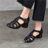 Johnature Genuine Leather Hand Woven Hollow-out Coarse Heel Sandals Retro Versatile High Heel Women's Shoes