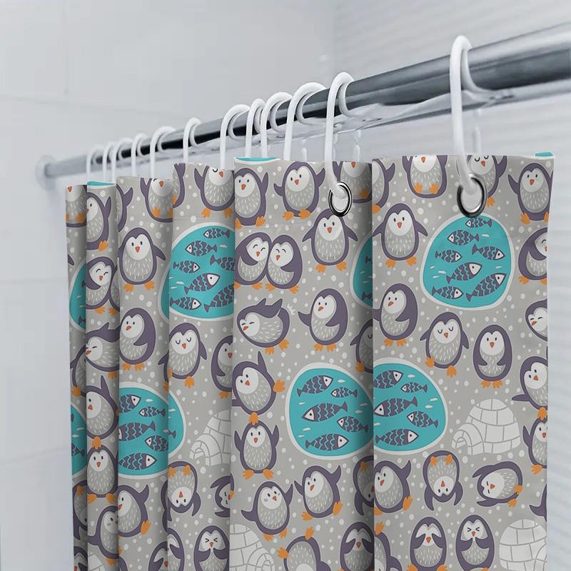 Cute Penguin Shower Curtain Waterproof Farmhouse Bathroom Decor Set Blue Gray Modern Coastal Ocean Animal Pattern Fabric Backdro