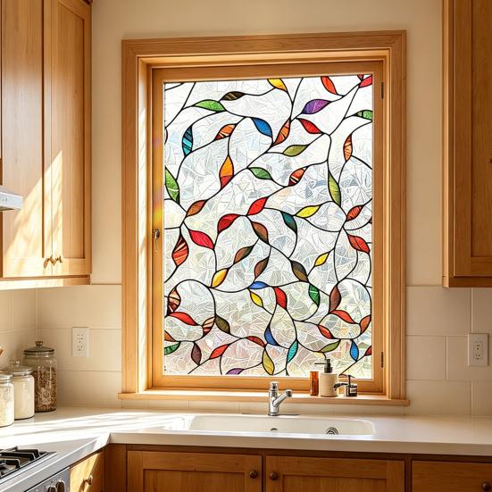 Buntglas Fensterfolie Regenbogen Floral Fenster Sichtschutzfolie Dekorativ Sonnenschutz Statisch Haftende Glasfolie für Haus Tür Fenster