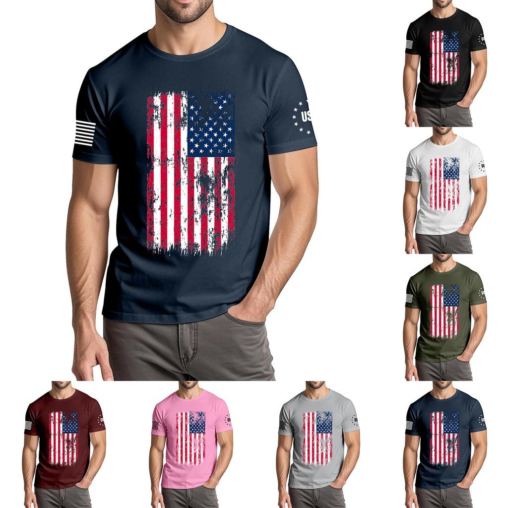 Menns moteriktige avslappede Independence Day trykte t-skjorte med rund hals og korte ermer
