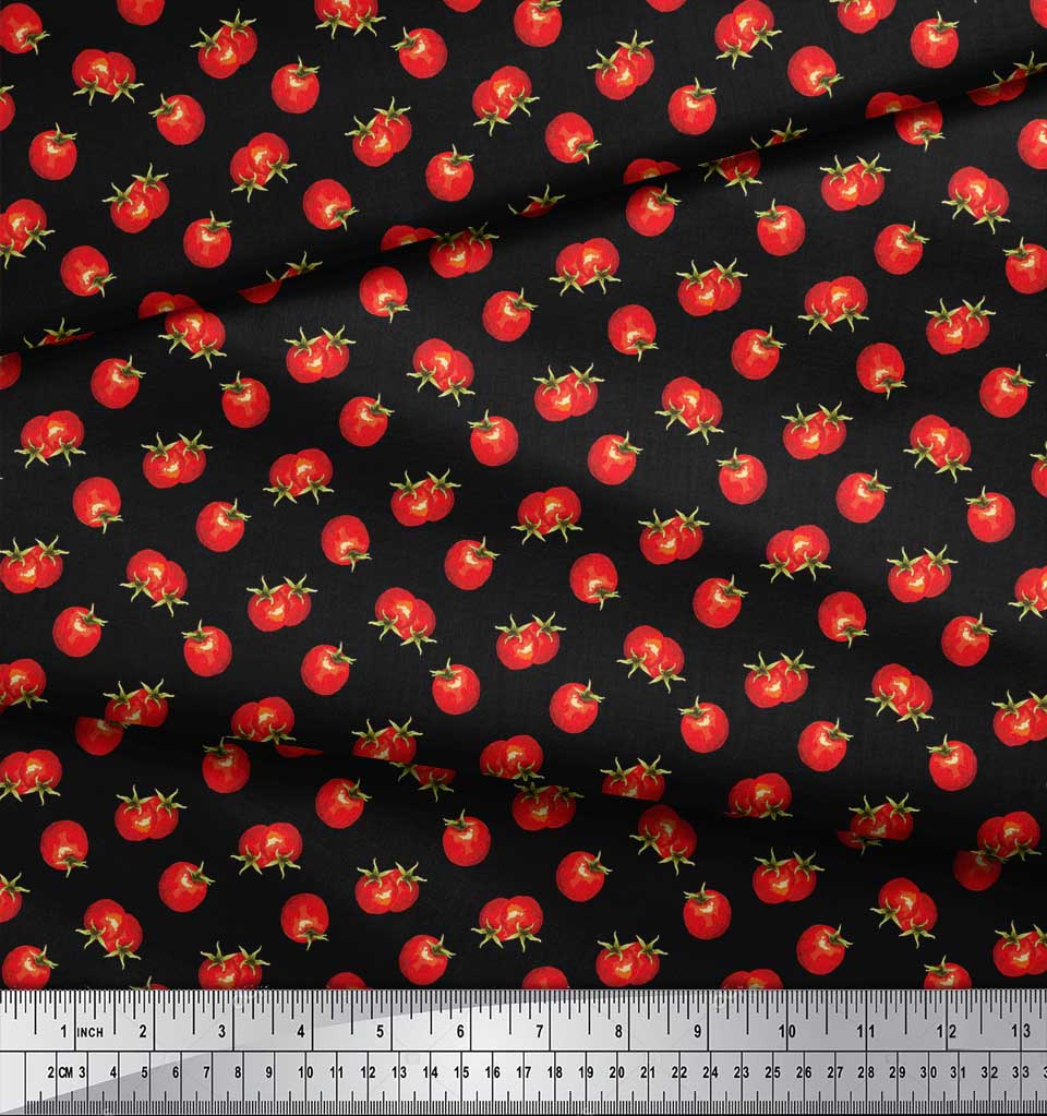 Soimoi Black Japan Crepe Satin Fabric Tomato Vegetable Printed Fabric 1 Metre 42 Inch