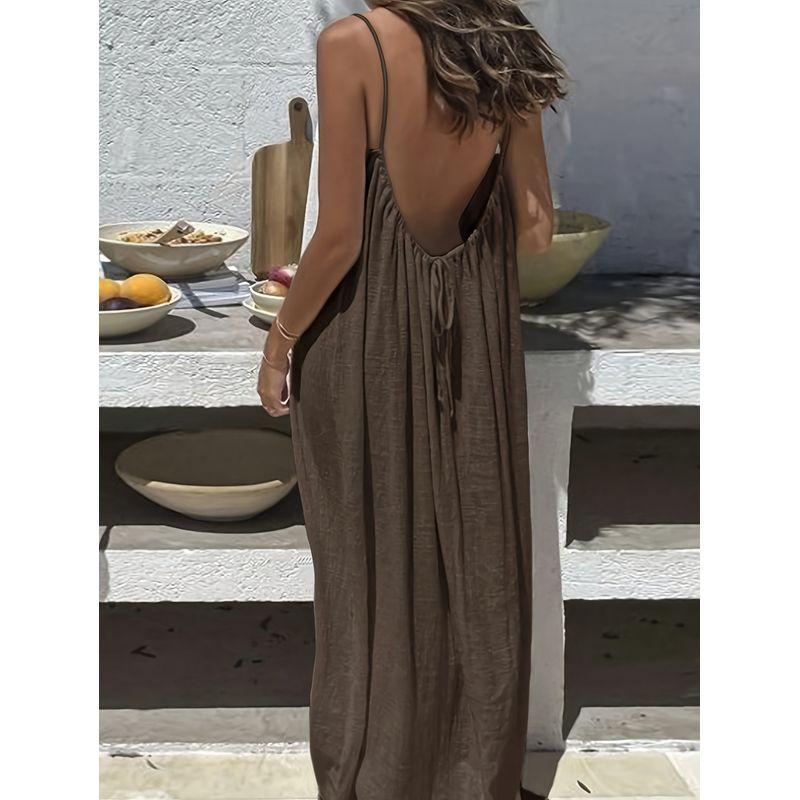 

Home Dressing Dress European and American New Women Sling Backless Loose Long Home Wear Dress Brown XL