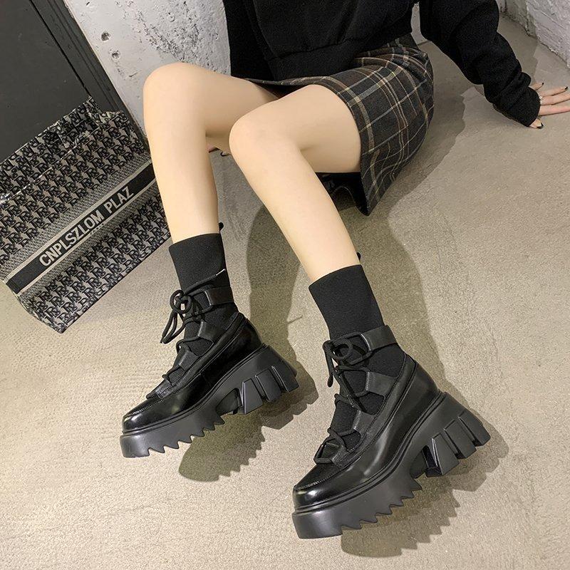 Comemore Casual Gladiator Sock Boot England Style Women Knitted Platform Ankle Boots Botas  Autumn Thick Heels Ladies Shoes
