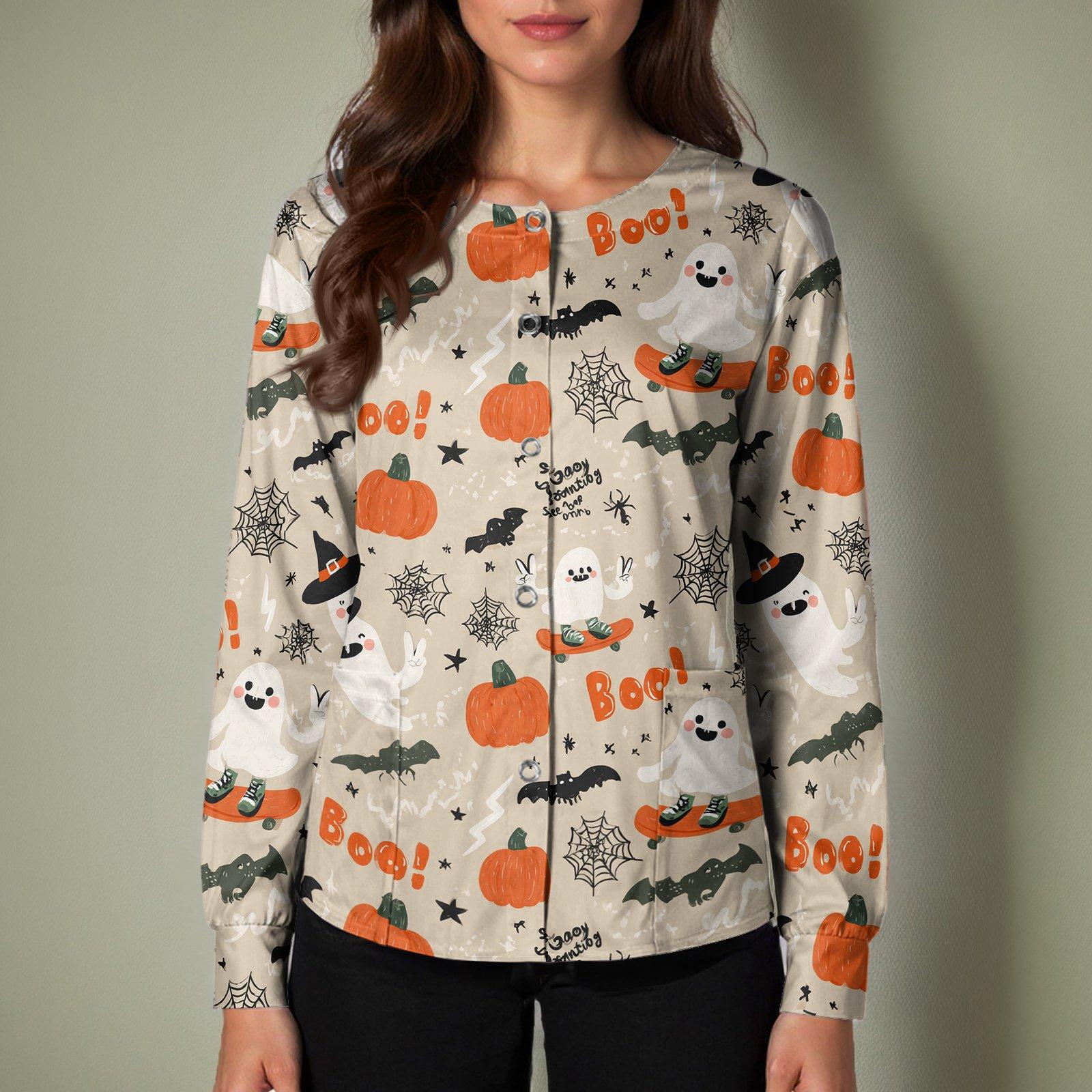 Women s Casual Long Sleeve Single Breasted Halloween Print Costume Cardigan L