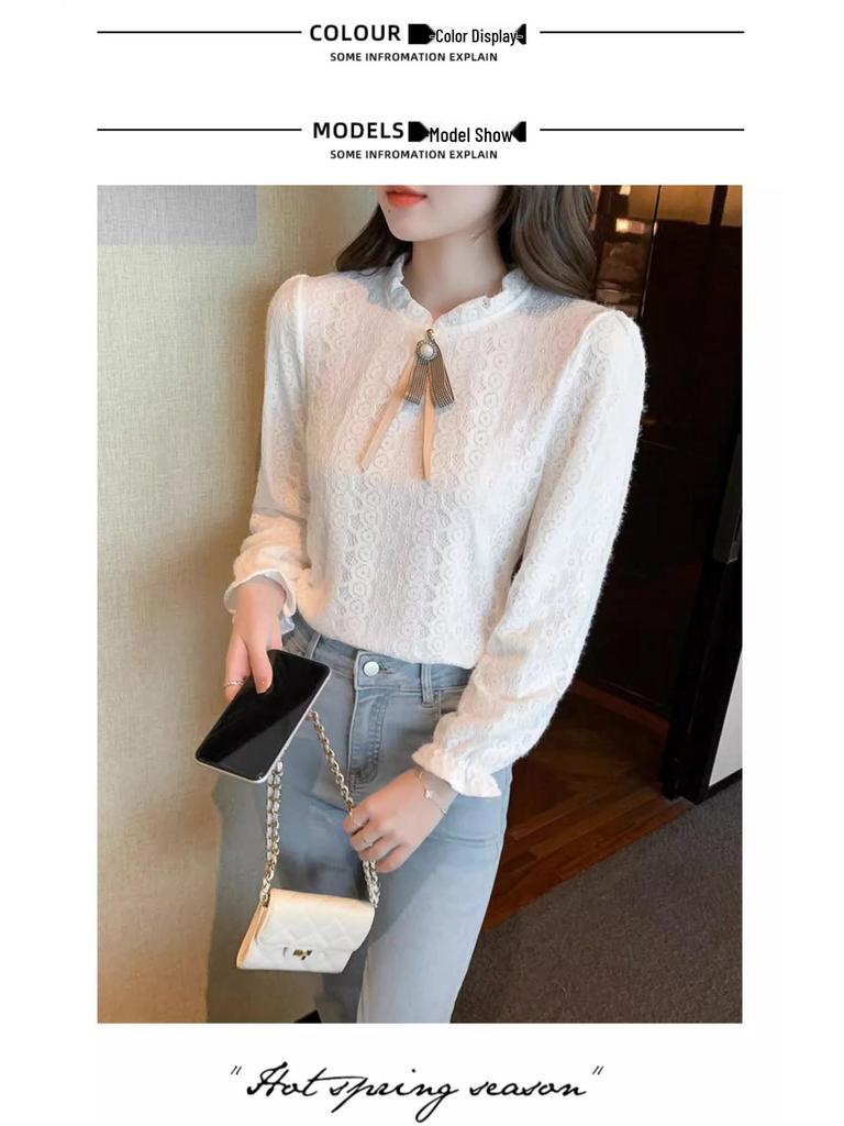 Women's Autumn/Winter Lace Half-High Neck Shirt with Velvet - 2023 Trendy Innerwear Fashion Top
