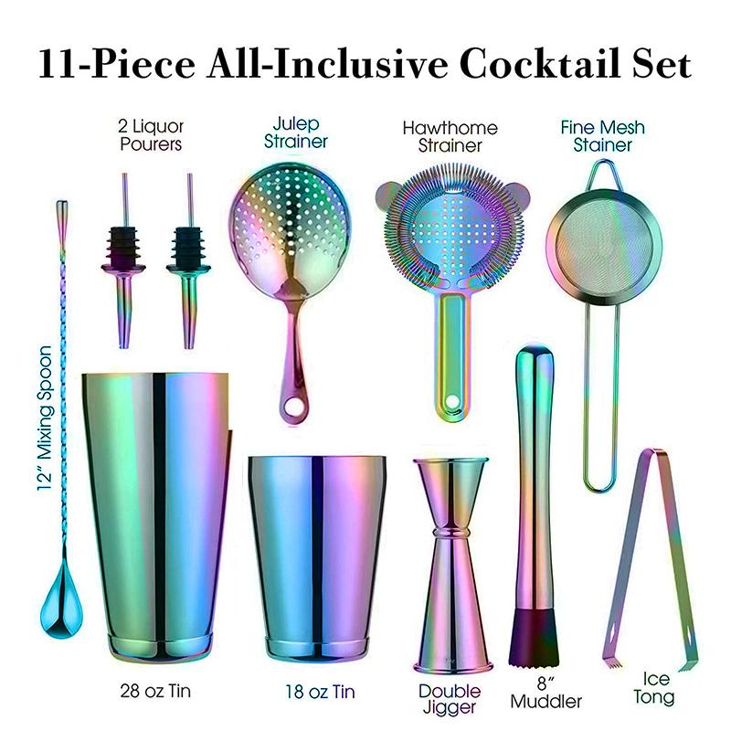 

Rainbow Cocktail Shaker Bar Set: 2 Weighted Boston Shakers, Cocktail Strainer Set,Jigger,Muddler and Spoon, Ice Tong ,2 Pourer