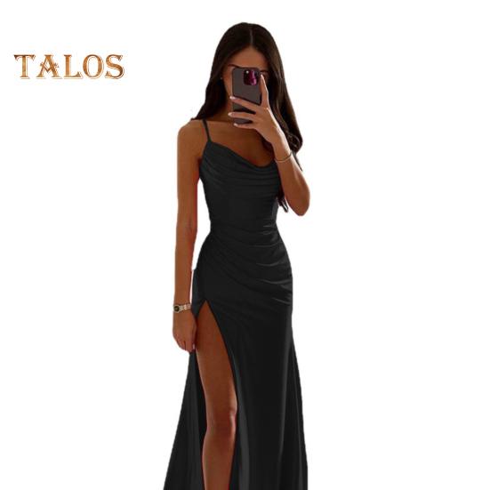 

Женское вечернее платье с разрезом по бокам, плиссированное, с открытой спиной, облегающее платье макси на тонких бретельках, с глубоким вырезом, без рукавов, платье-комбинация А-силуэта для свадебного банкета M чёрный
