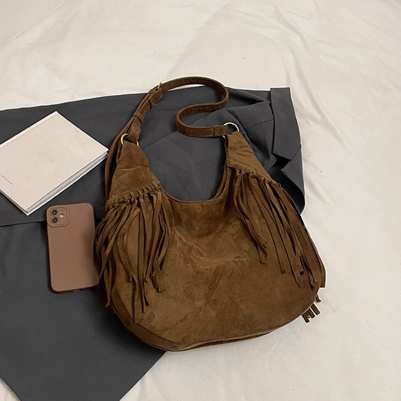Large Capacity Frosted Tassel Shoulder Bag Faux Suede Fringe Underarm Bag Travel Tote Handbag Female Shopping Bag