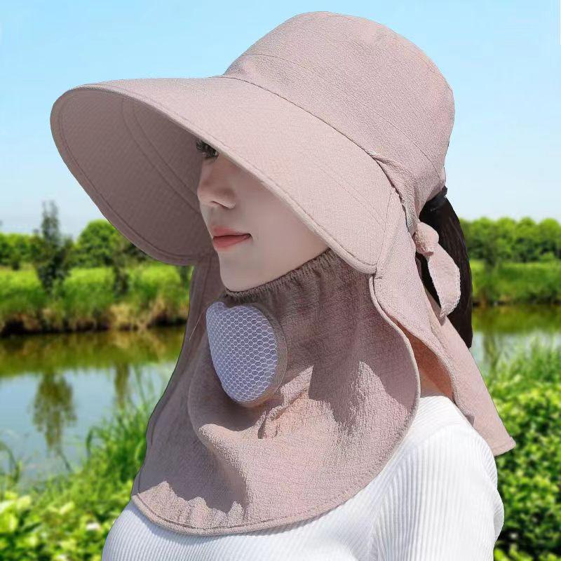 Women's Summer Wide Brim UV Protection Hat with Neck Shawl and Ponytail Tie