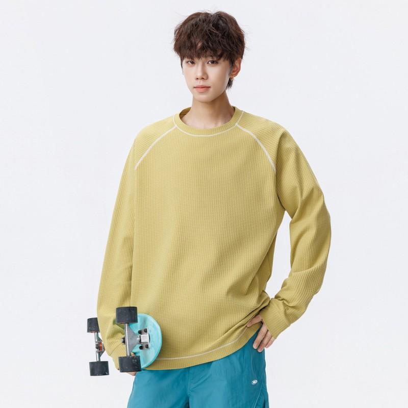 Mens Waffle Knit Long Sleeve T-Shirt Casual Sports Color Block Round Neck Top