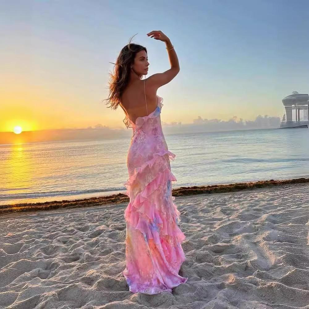 Elegant Women's V-Neck Ruffle Backless Long Dress - Sleeveless and Stylish