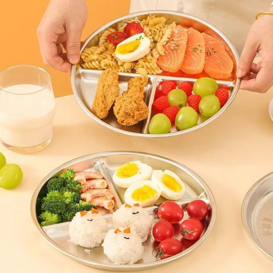 Stainless Steel Dinner Plates Silicone Suction Divided Serving Tray Stackable Breakfast Plates Kids Snack Tray Lunch Container for School