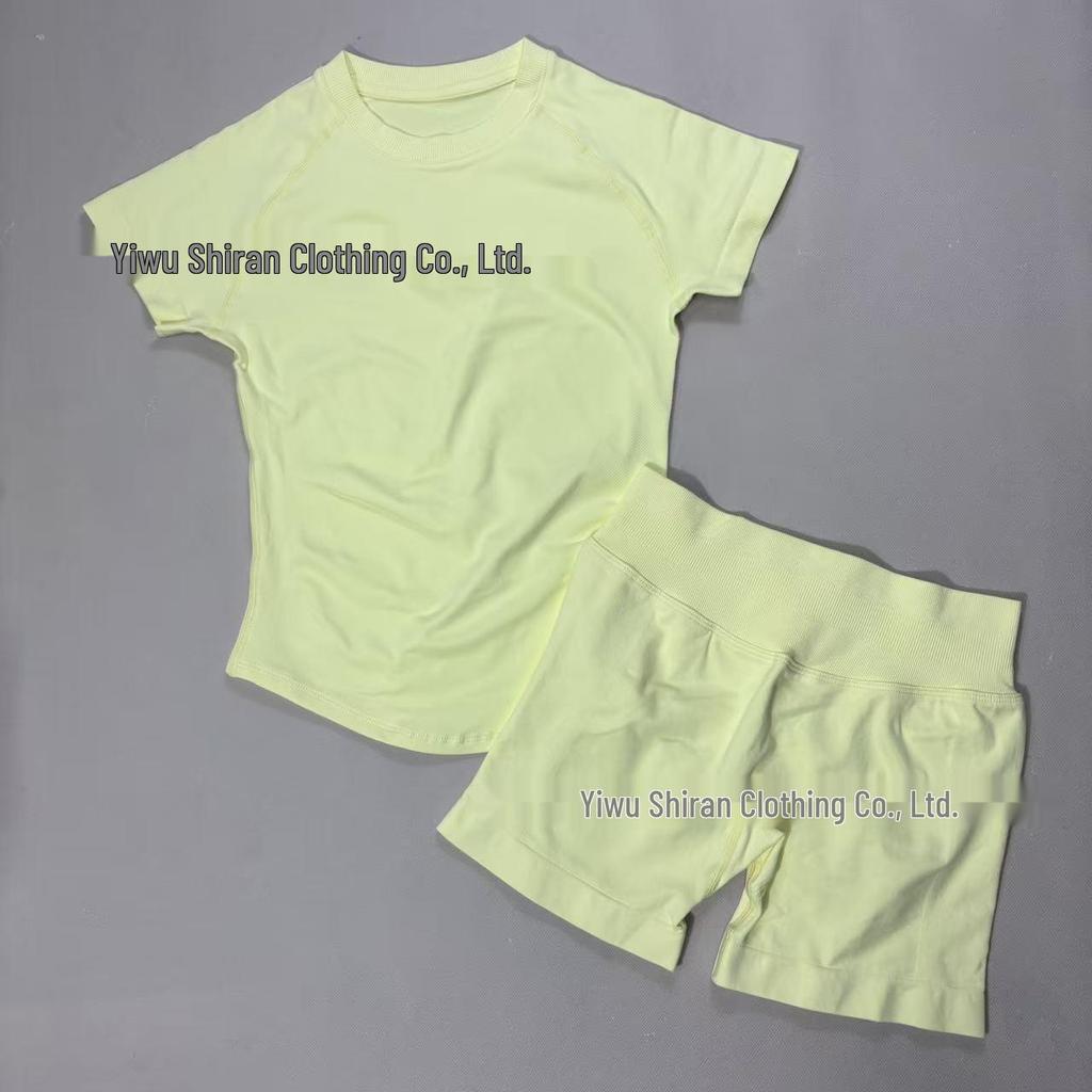 Damen nahtloses kurzärmeliges Sportset mit hoher Elastizität und atmungsaktivem schweißableitendem T-Shirt