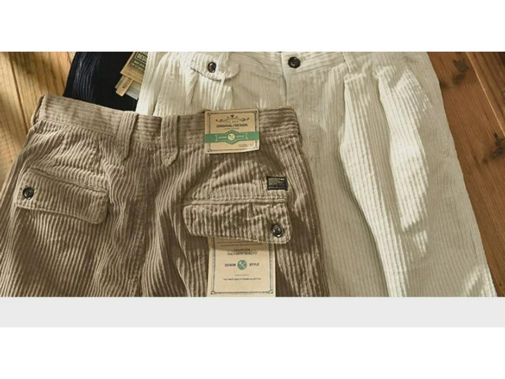 Men's Loose Corduroy Pants: Autumn/Winter Thick, Washed, Slightly Elastic, Wide-Leg, Japanese Retro Style.