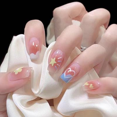 Lot de 24 faux ongles à porter, motif floral, étoile d'amour, moyen et long, pour l'été