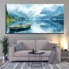 1.5" Thick No Frame Canvas Wall Art - Serene Lake Mountain Sky Landscape with Boat Painting, Modern Nature-Inspired Decorative