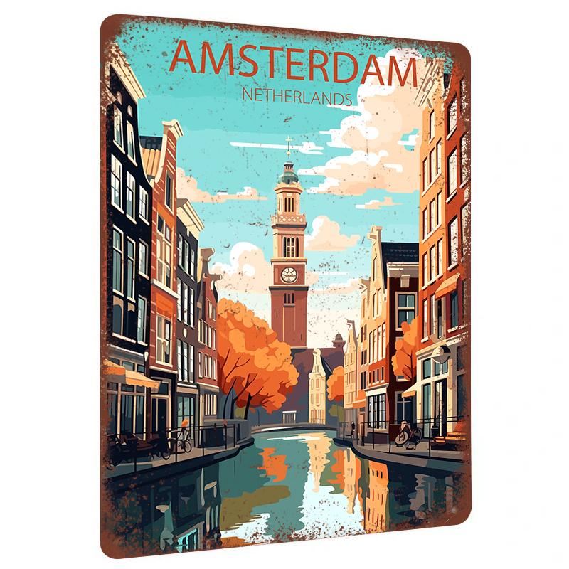 

Amsterdam Canal View Metal Wall Art Dutch Cityscape Decorative Painting for Living Room Bedroom 20x30cm（7.8x11.8inch）
