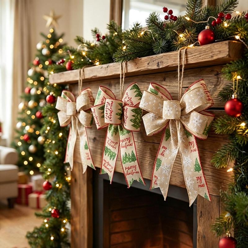 Double Layer Christmas Bowknot Decoration Set of 4 Soft Fabric Ribbon Ornaments with Stitched Center for Seasonal Home Styling