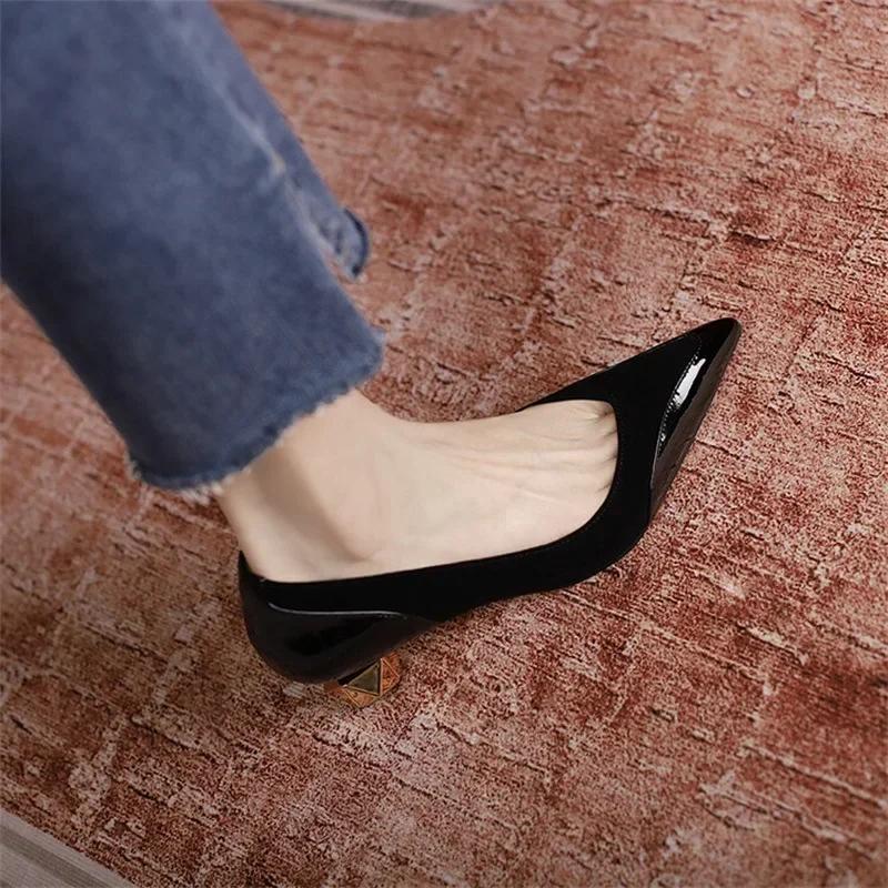 Middle Heel High Heels Women 2025 Spring Autumn Korean Fashion Splicing Pointed Shallow Shaped Heel Thick Single Shoes for Women