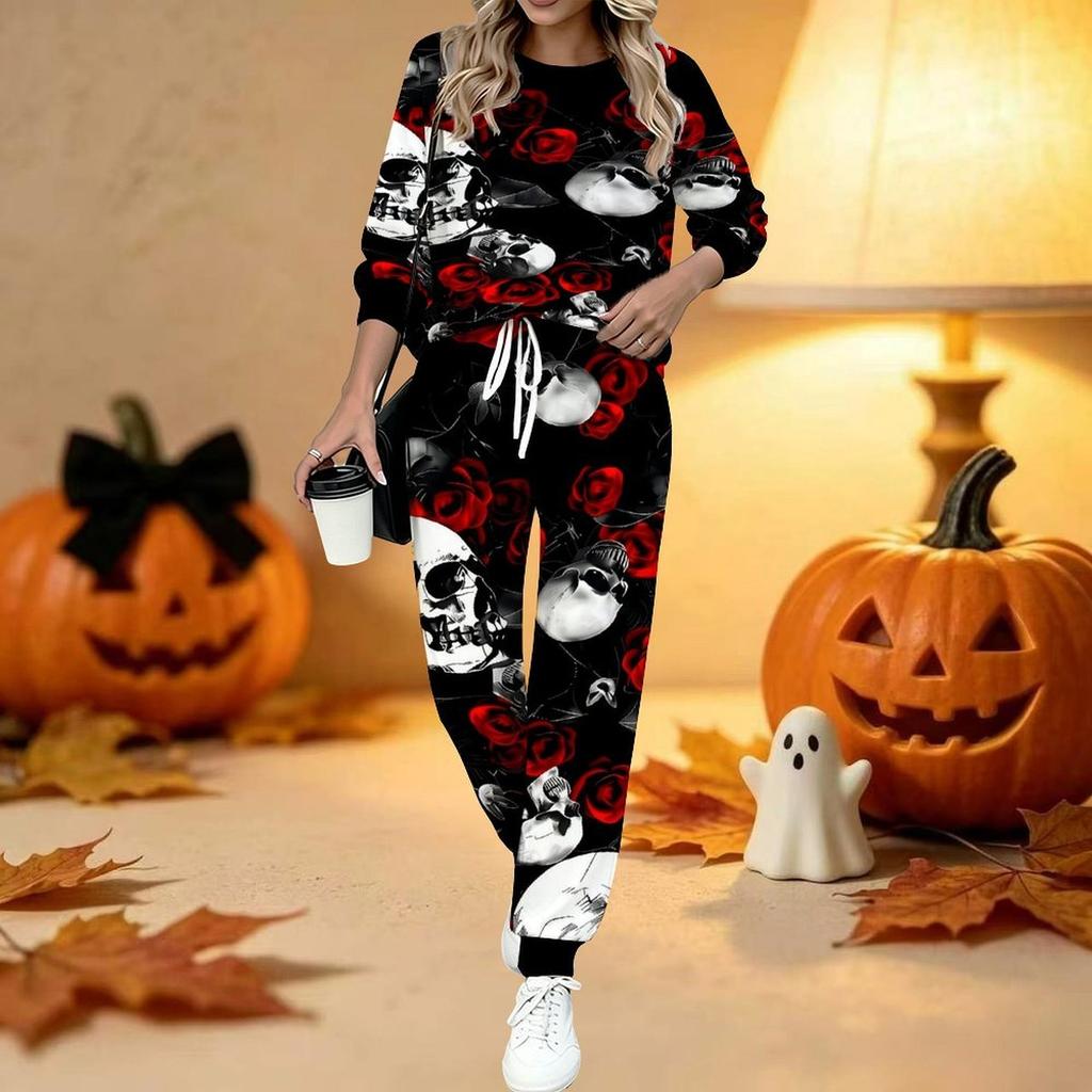 Conjunto de Dos Piezas con Estampado de Halloween para Mujer, Top de Manga Larga con Cuello Redondo y Pantalones Jogger con Cordón, Chándal Casual para Primavera Otoño