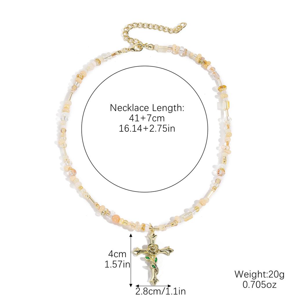Necklace for Women Patchwork Rose Cross Pendant Necklace Personalized Irregular Crystal Beaded Collarbone Chain Beautiful Elegant Necklace for Her