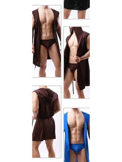 Men's Hooded Sleeveless Thin Silk Bathrobe, European Style, Six Colors Available, Does Not Include Underwear