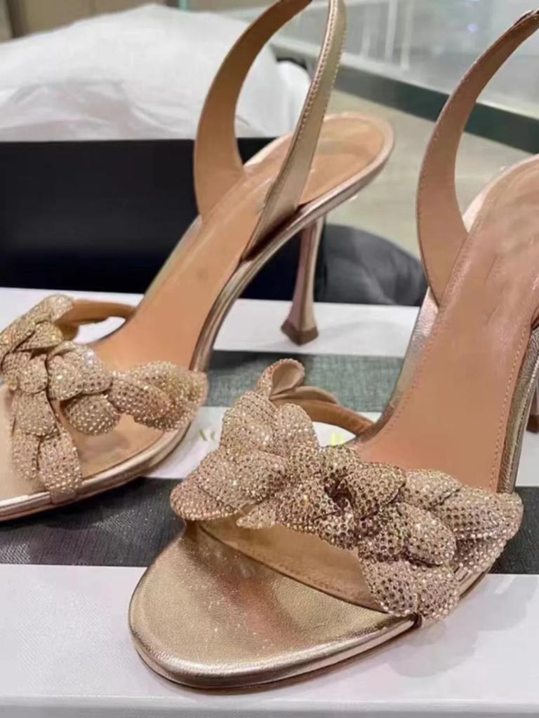 Fashion Rhinestone Flower Bling Bling Women Sandals Gold Thin High Heels Slingback 2025 Summer New Sexy Back Strap Open Toe Sandals