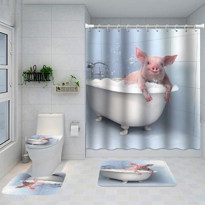 4pcs Cute Pig Pattern Waterproof Shower Curtain Set with 12 Hooks and Non-Slip Bathroom Rug - Complete Bathroom Decor