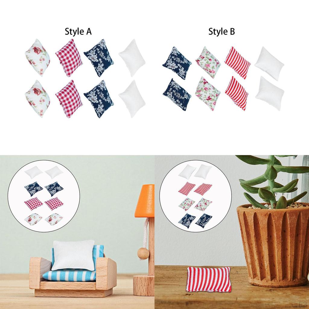 8 Pieces 1:12 Dollhouse Pillow,Simulation Life Scene Sofa Bed Accessories,Living Room Miniature