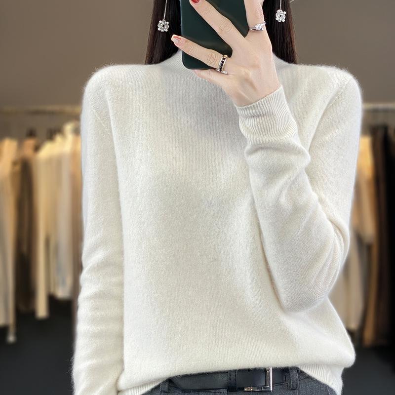 Women's Half-High Neck Wool Sweater Pullover - Loose Fit, Autumn/Winter Knitwear
