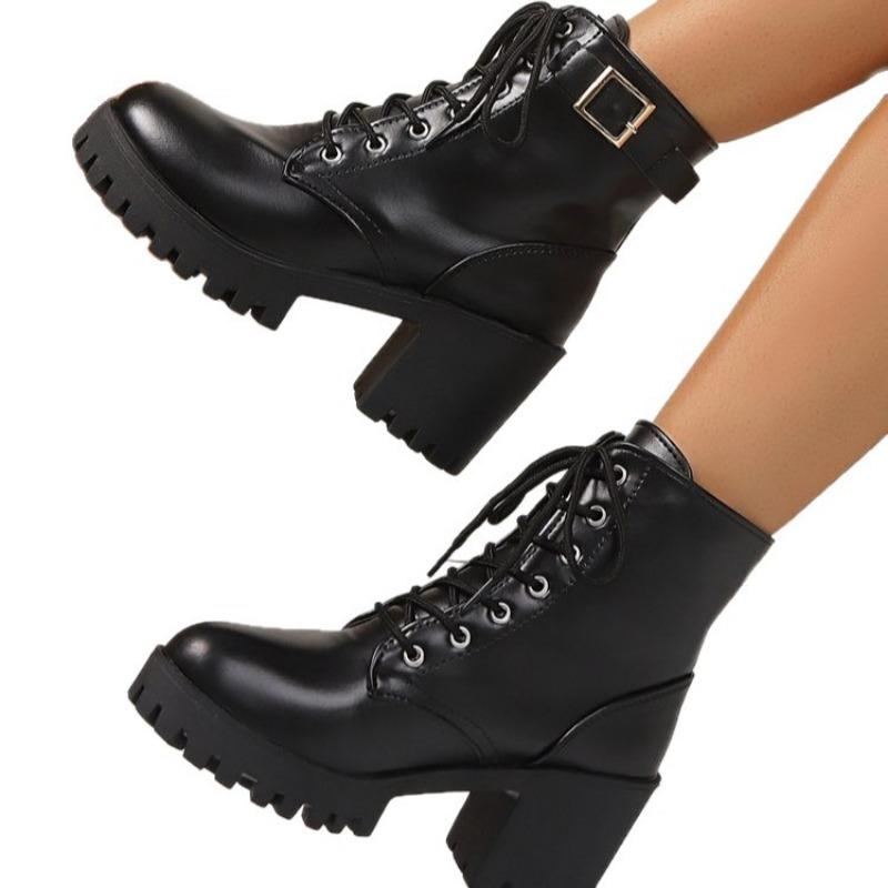 Size 42 large size thick heel leather boots women's new round head lace-up medium tube women's shoes fashionable versatile Martin boots