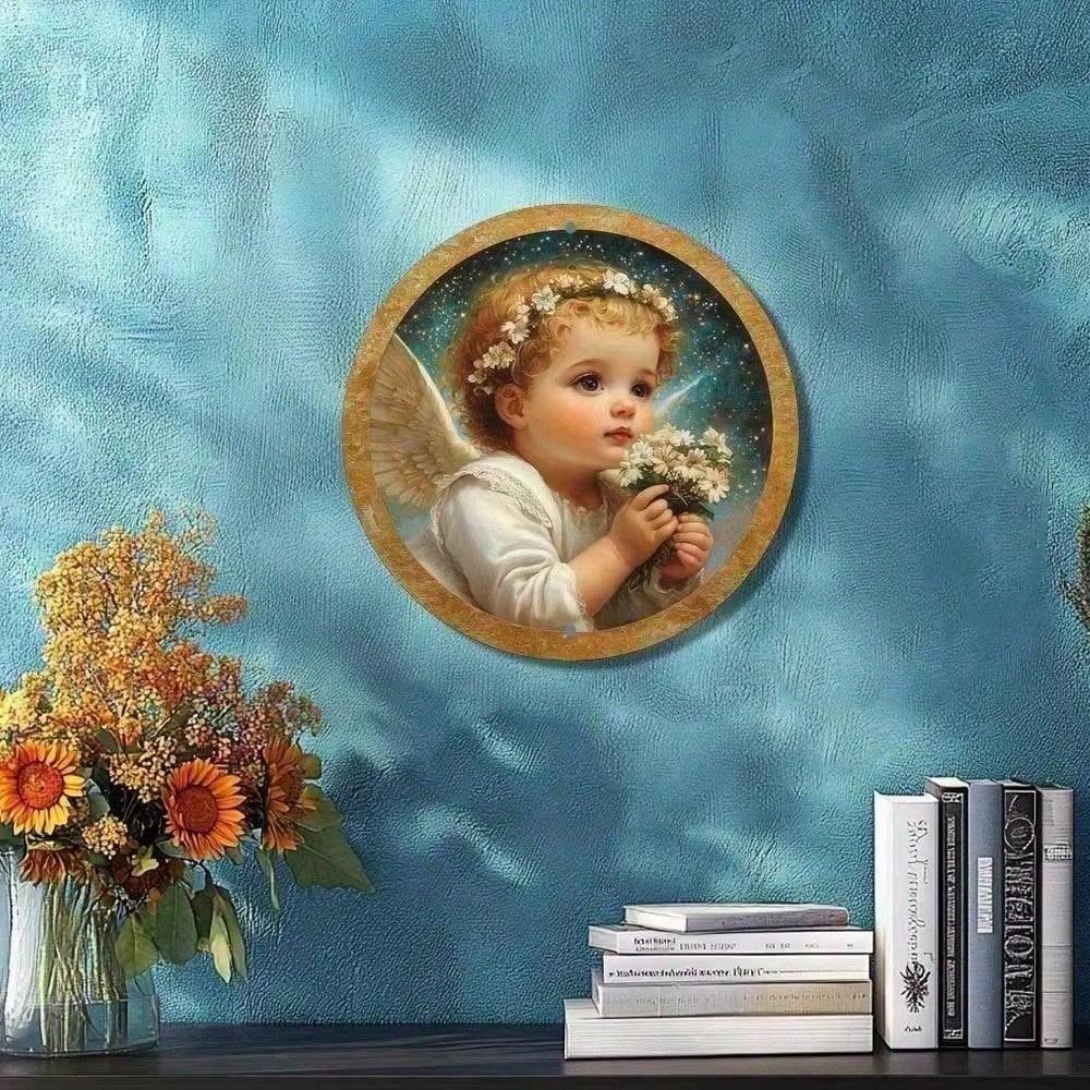 Vintage Angel Baby Metal Round Wall Art 8x8 Inch Tin Sign for Bedroom Home Decor