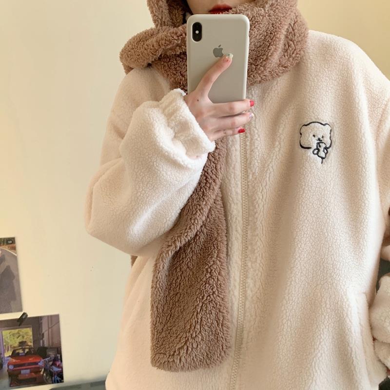 Winter Letter Pink Zippercoat Lamb Woolen Keep Warm Mid-length Women Sweatshirt Embroidery Cute Biscuit Bear Fashion Lady Pullover