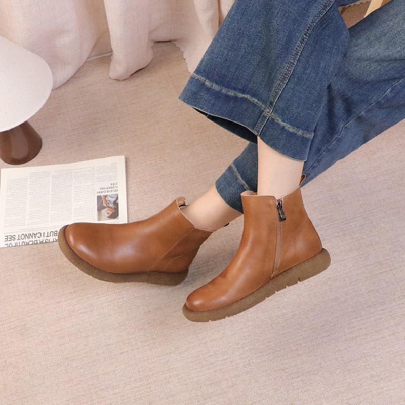 Johnature Genuine Leather Women's Short Boots Retro Side Zipper Round Toe Flat Chelsea Boots