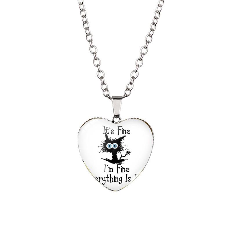 I'm Fine Everything Is Fine Heart Shaped Pendant Necklace Vintage Black Cat Design Fashionable Jewelry For All Genders