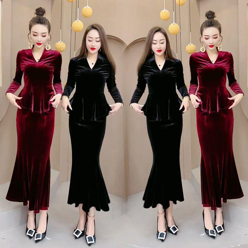 

Комплект женского платья «Золотой бархат» с юбкой «рыбий хвост» - Осенне-зимний облегающий костюм-двойка XL