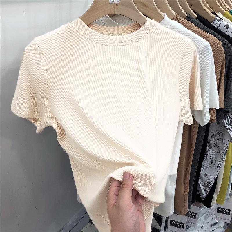 Tricou slim fit cu guler rotund pentru femei 2024 – elastic, cu fir și versatil pentru vară