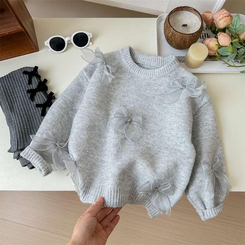 Korean Children Clothing Autumn Girl Baby Toddler Solid Bow Sweaters Winter Fashion Sweet Kid Princess Knitted Sweater
