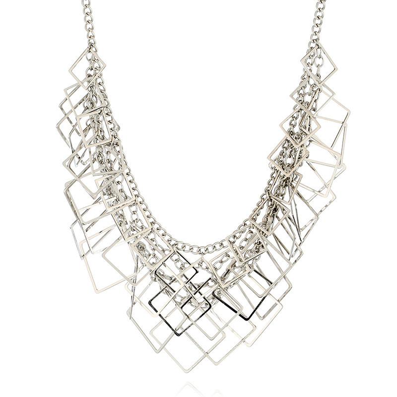 Layer Multi Square Geometric Necklace Metal Chain Pendant For Vintage Gift Style