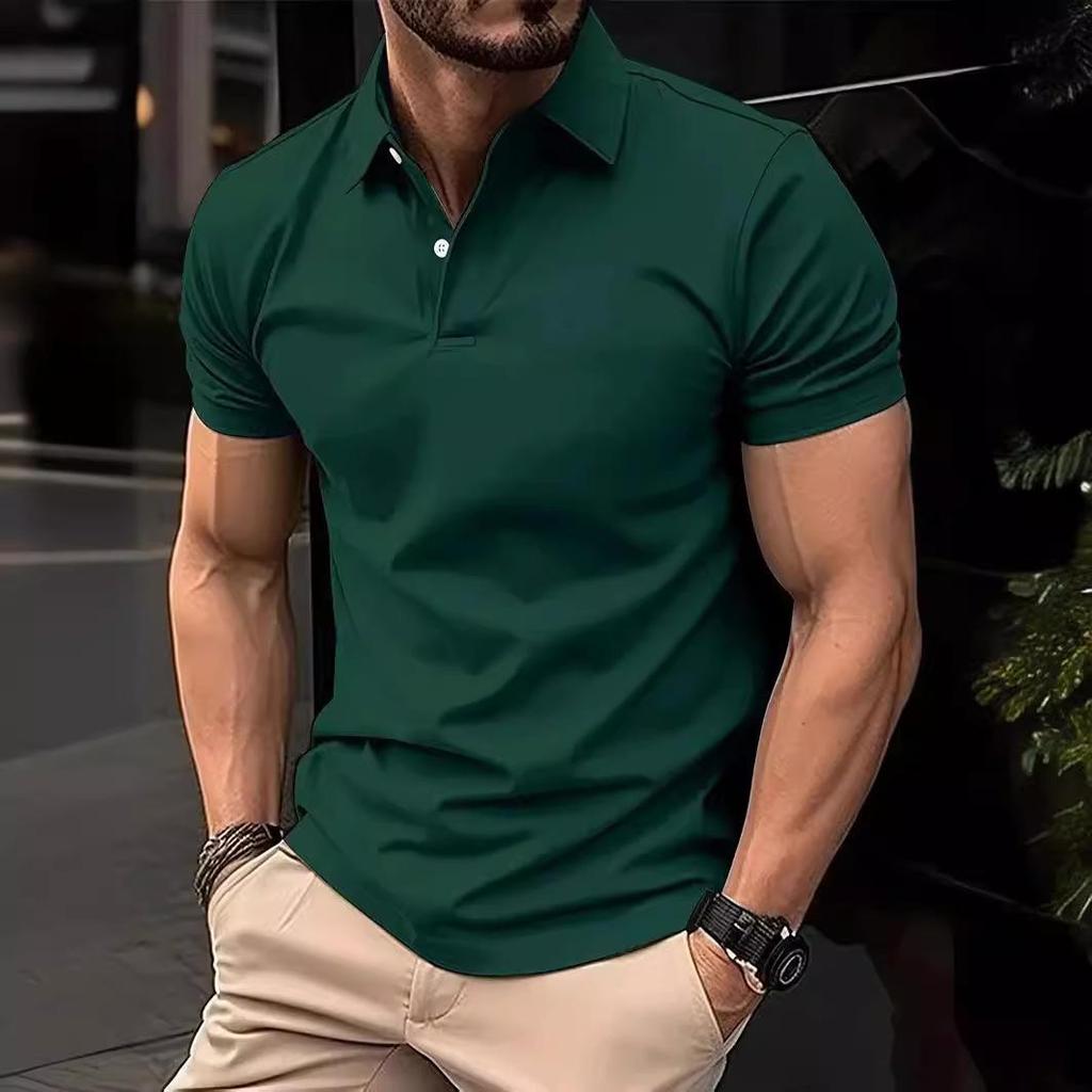 Men's Solid Color Button Short-Sleeve Polo Shirt