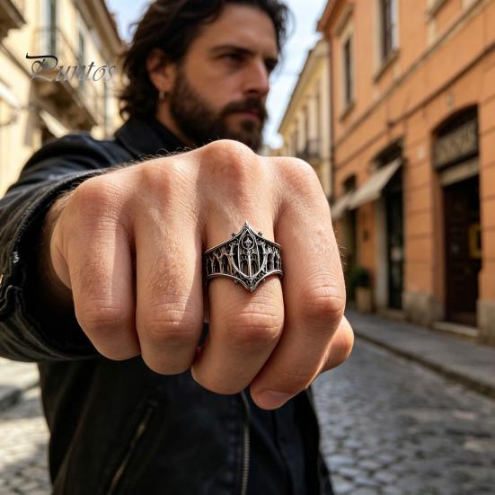 Retro Church Band Vintage Gothic Ring for Men, Hollow Engraved Architecture Statement Metal Finger Band, Dark Style Punk Jewelry Daily Wear Parties