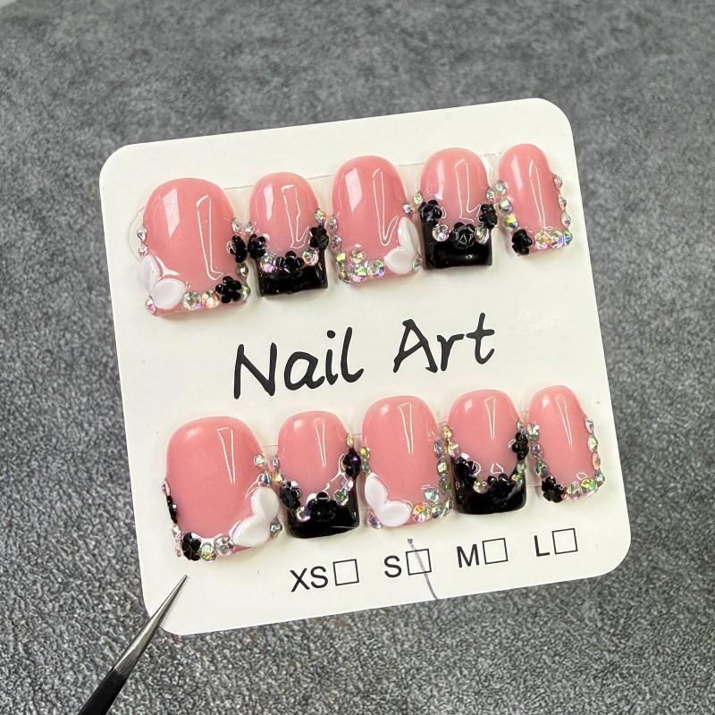 Short Square Press-On Nails With Floral Rhinestone Design Ice-Transparent Nude Pink French Tip Manicure Tips Handmade Wearable Small
